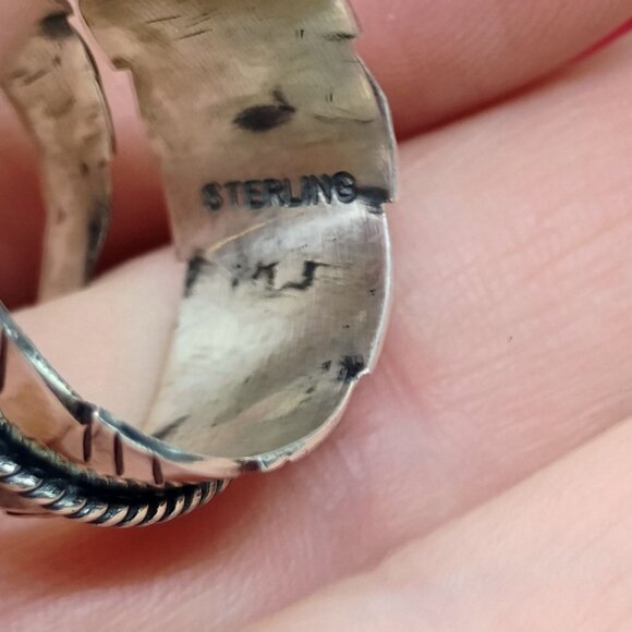 Signed MJ Sterling Silver Orange Spiny Oyster Shell Feather Adjustable Ring - Picture 6 of 8